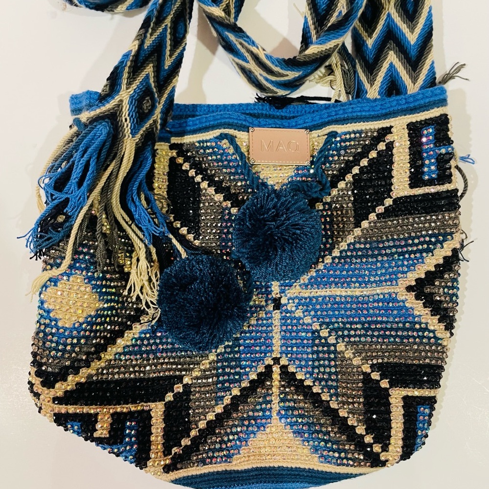 Geometric Blue and Black Hobo Bag with Woven Texture